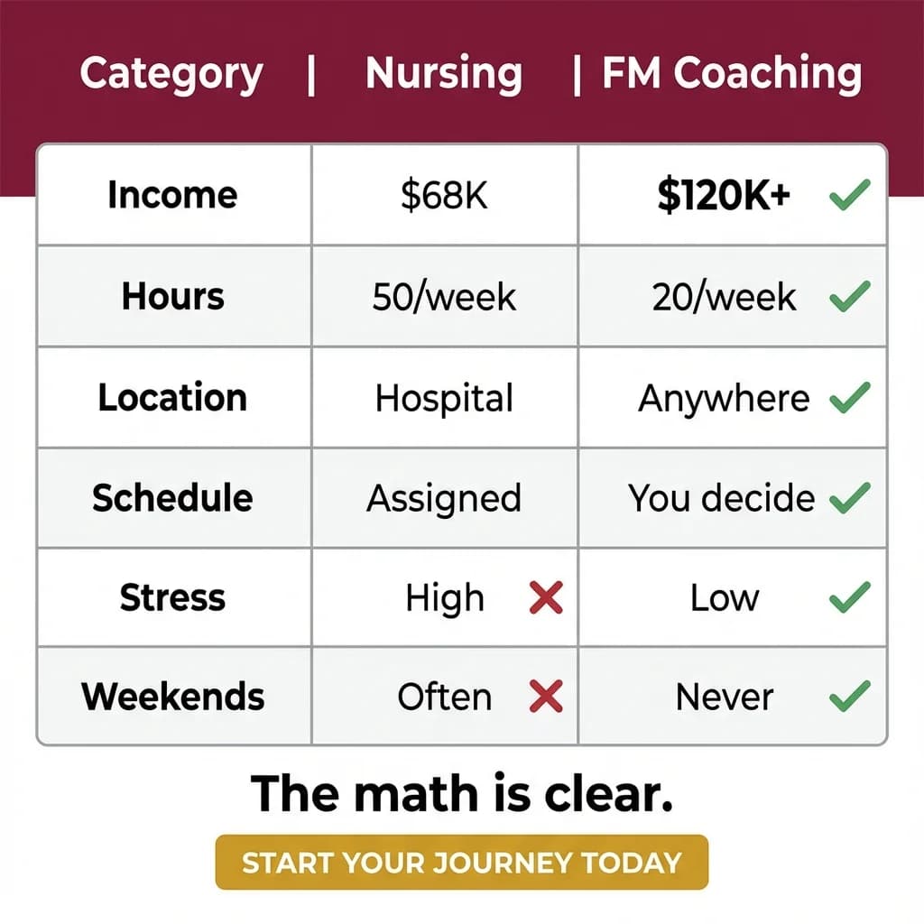 Nursing vs FM Coaching comparison - Income, Hours, Freedom